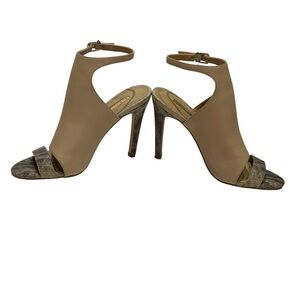 BCBGeneration MALCOLM TAN-SNAKESKIN  ANKLE STRAP OPEN TOE HEELS SZ 7.5 MED